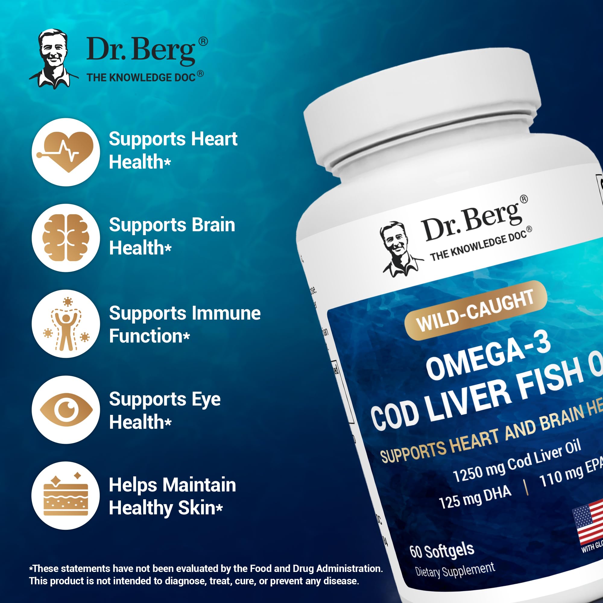 Dr. Berg wild-caught cod liver oil sourcing label highlights purity.