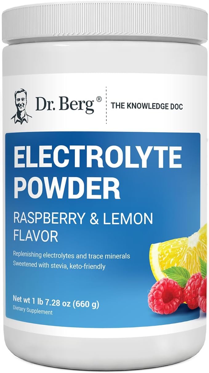 Dr. Berg Zero Sugar Hydration bottle shows a ready-to-mix electrolyte solution.