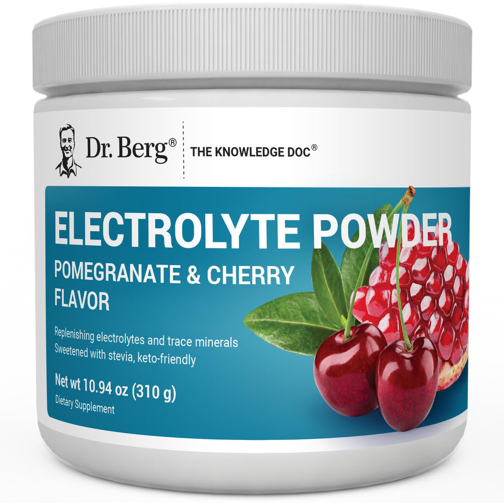 Dr. Berg Zero Sugar Hydration bottle with pomegranate-cherry powder for fast hydration.