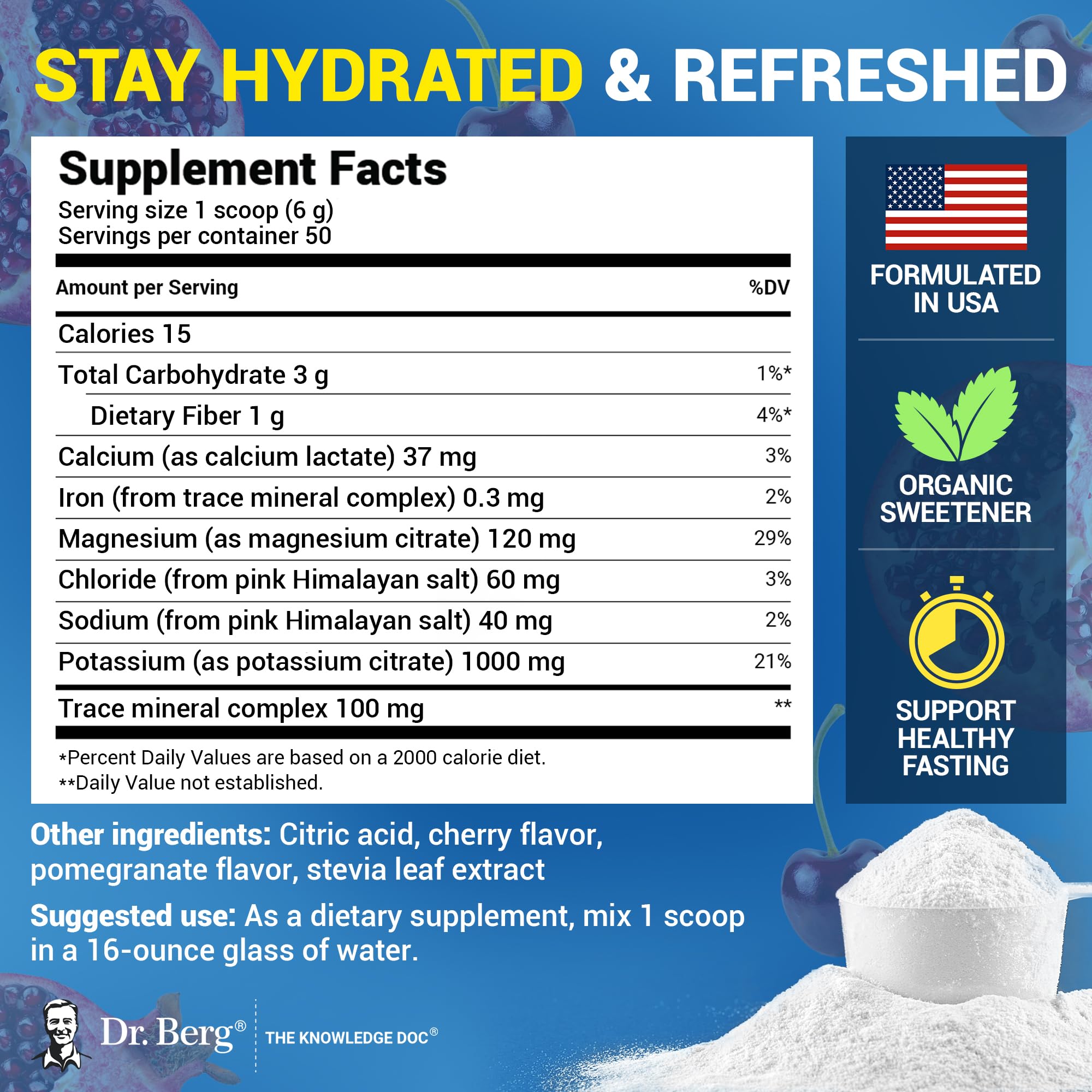 Dr. Berg Zero Sugar Hydration in a glass, ready to replenish electrolytes.