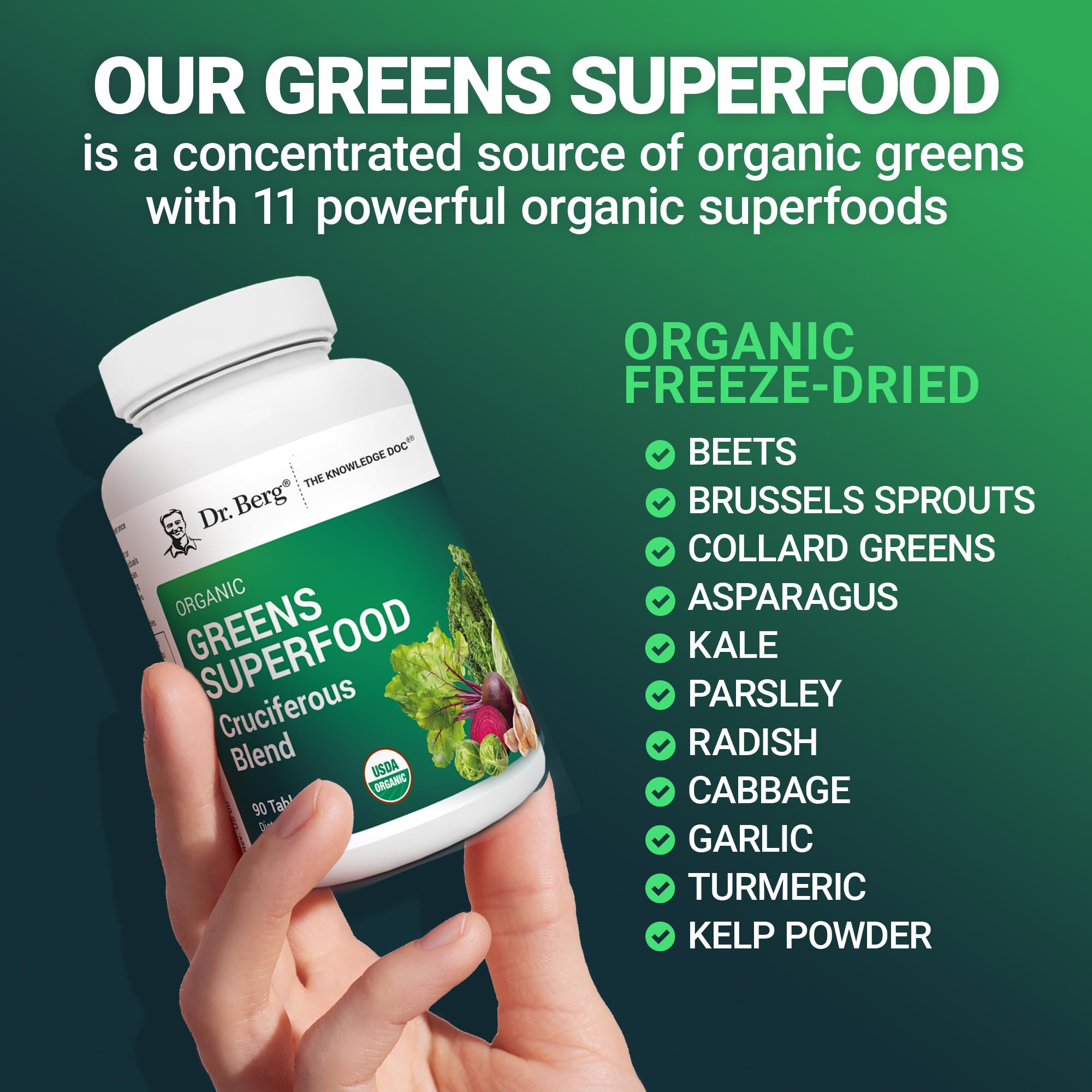 Organic ingredients emphasis in Dr. Berg's Greens formula.