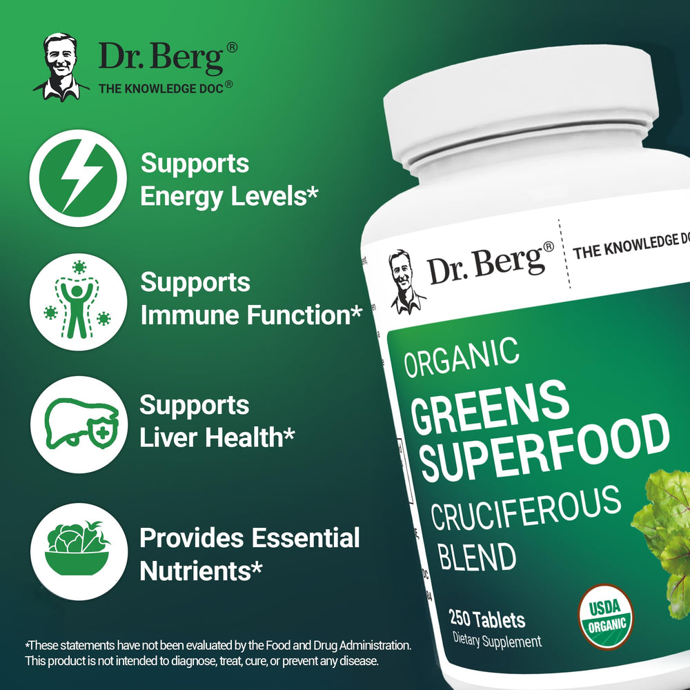 Ingredients panel of Dr. Berg's Greens showing 11 organic phytonutrient ingredients