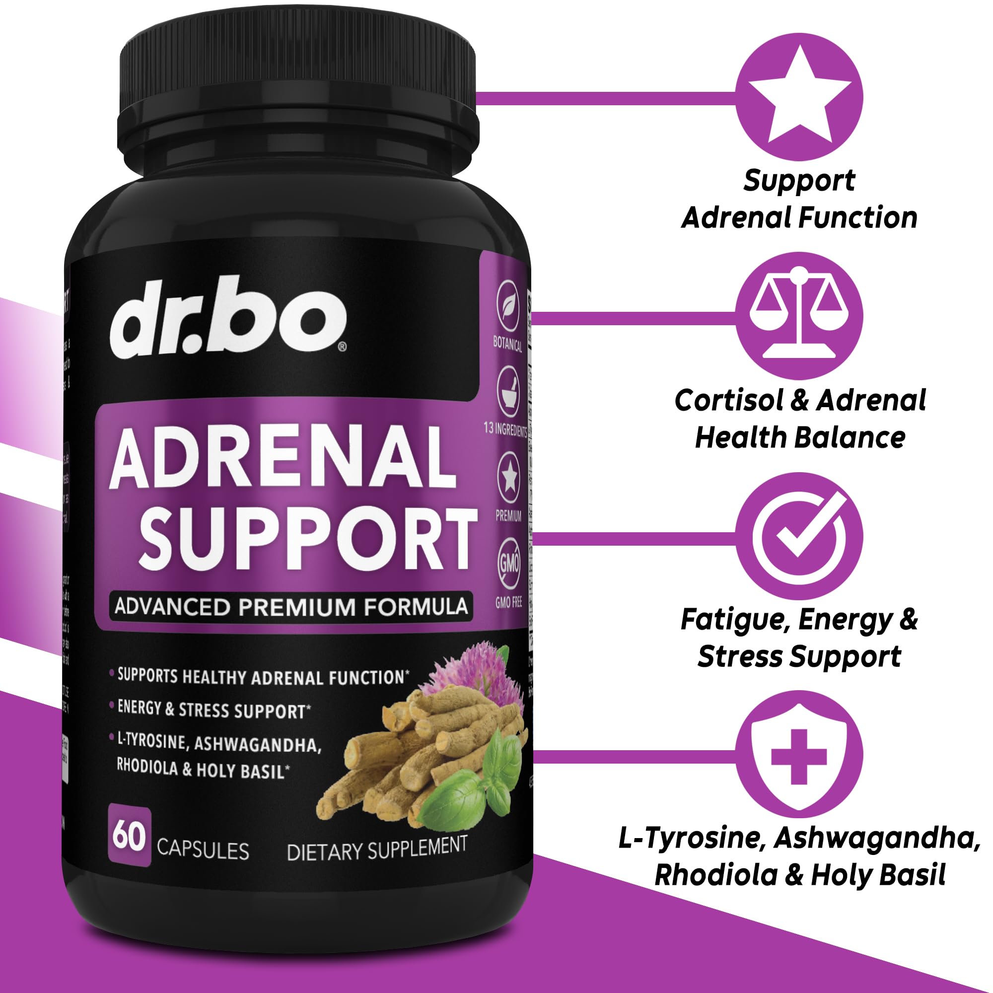DR. BO Adrenal Support bottle pour showcases convenient daily use