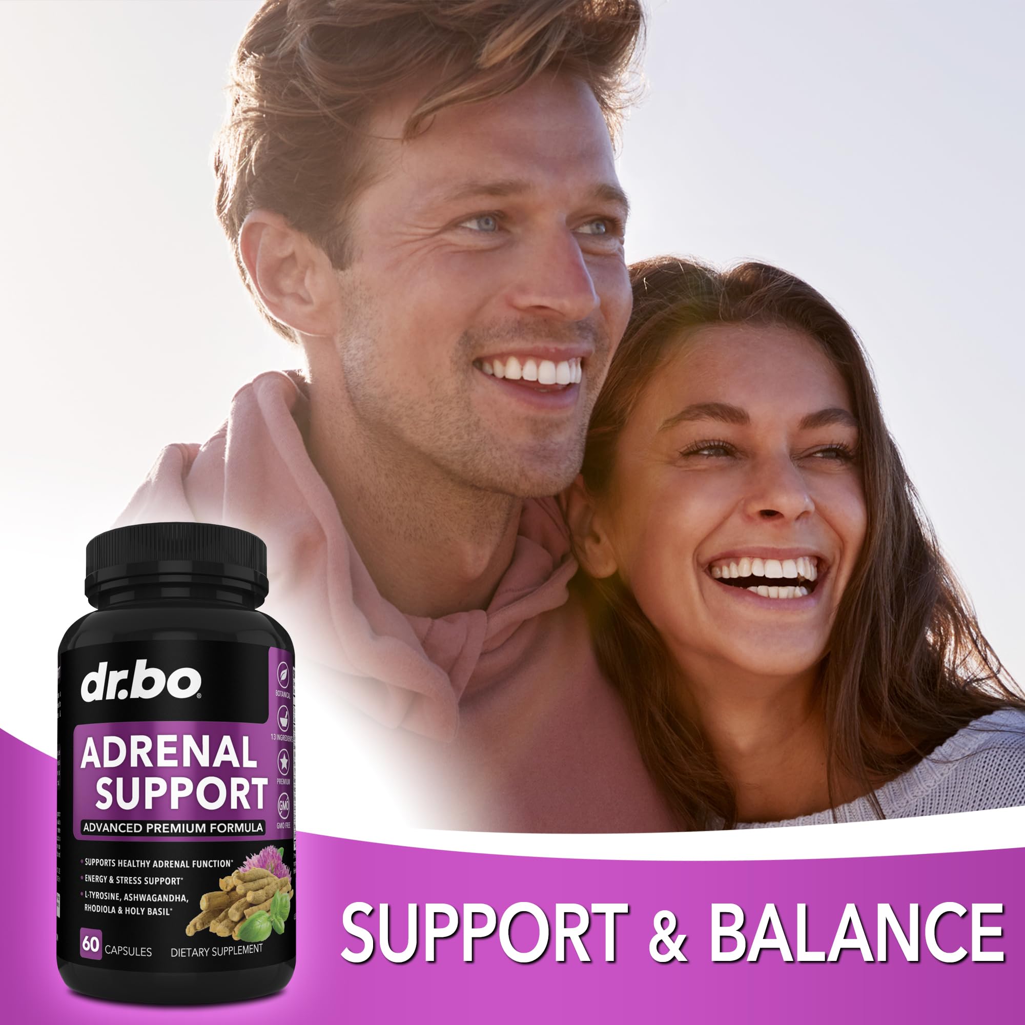DR. BO Adrenal Support label details emphasize adaptogens