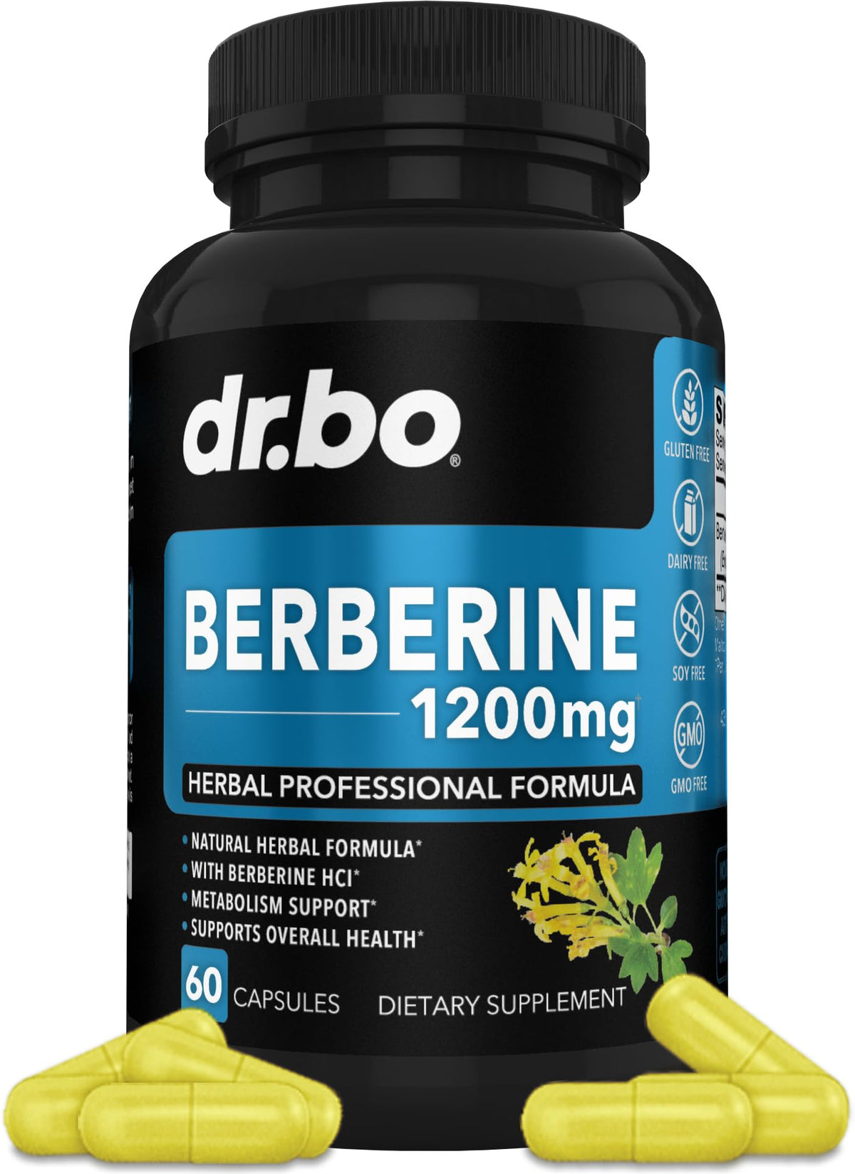 DR. BO Berberine bottle with 1200mg capsules for metabolic support.