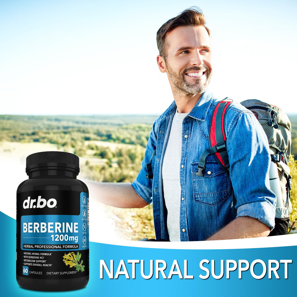 DR. BO Berberine label with ingredients and third‑party testing details.