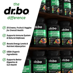 DR. BO bottle label shows organic greens blend for everyday vitality