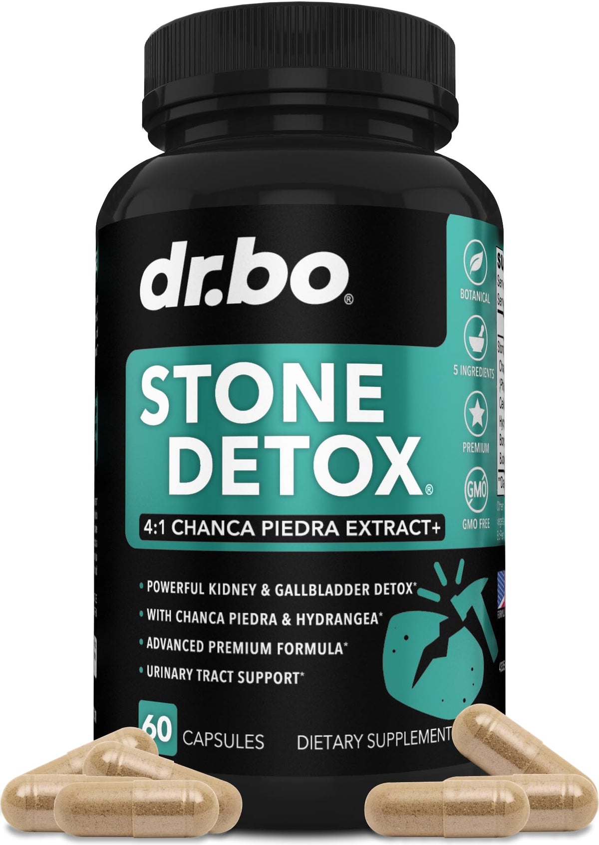 DR. BO quiebre-piedras, cápsulas en bote para detox renal.