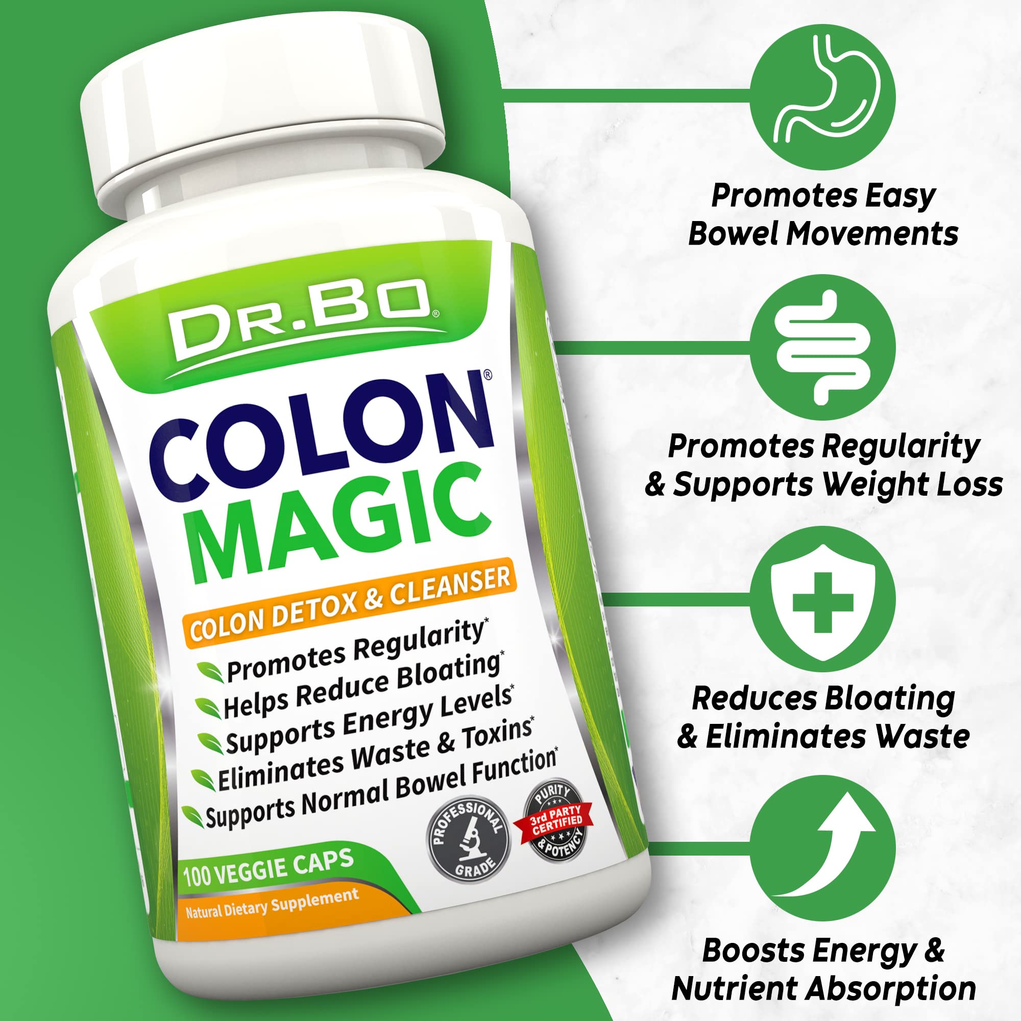 DR. BO Colon Cleanse pills closeup highlights herbal capsules for ease