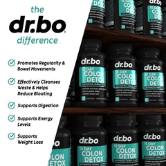 DR. BO Colon Cleanser capsules on table for daily digestion support.