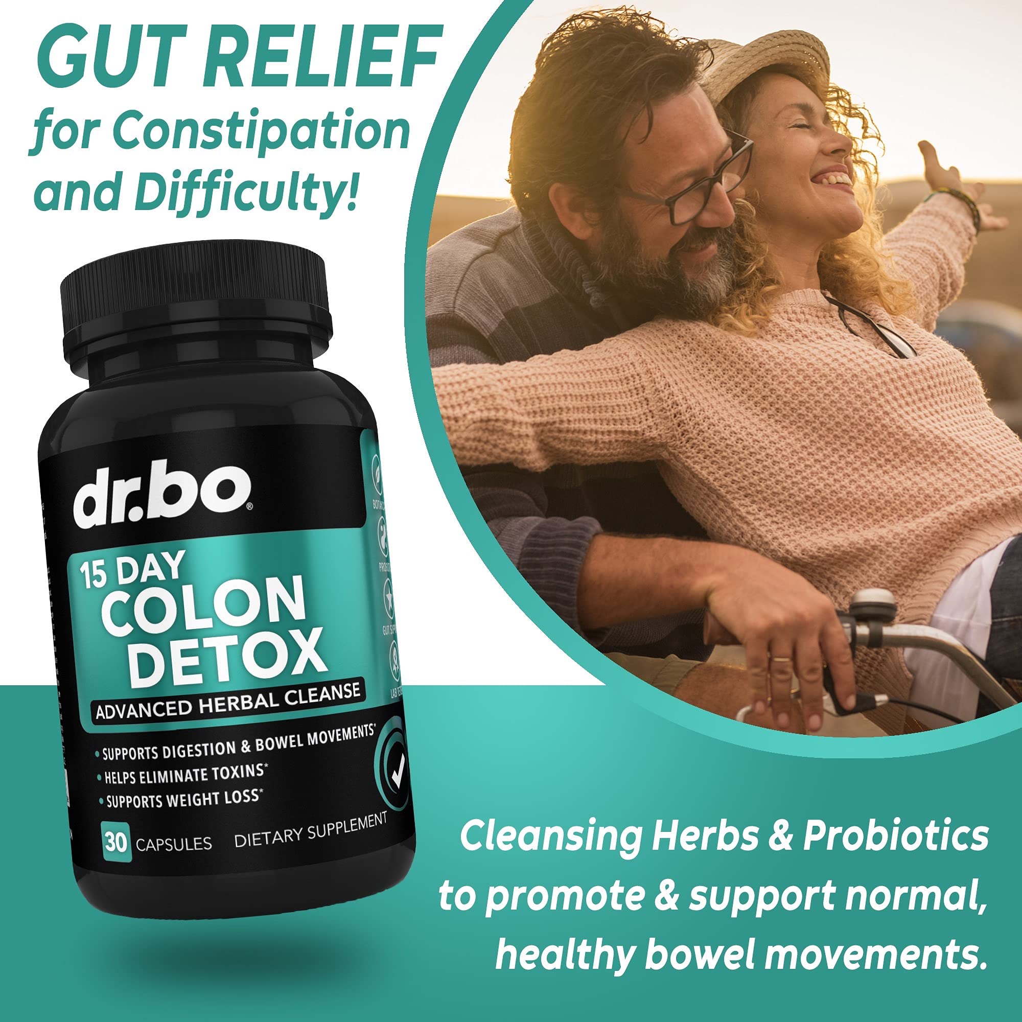 Close-up of the DR. BO label highlighting detox features.