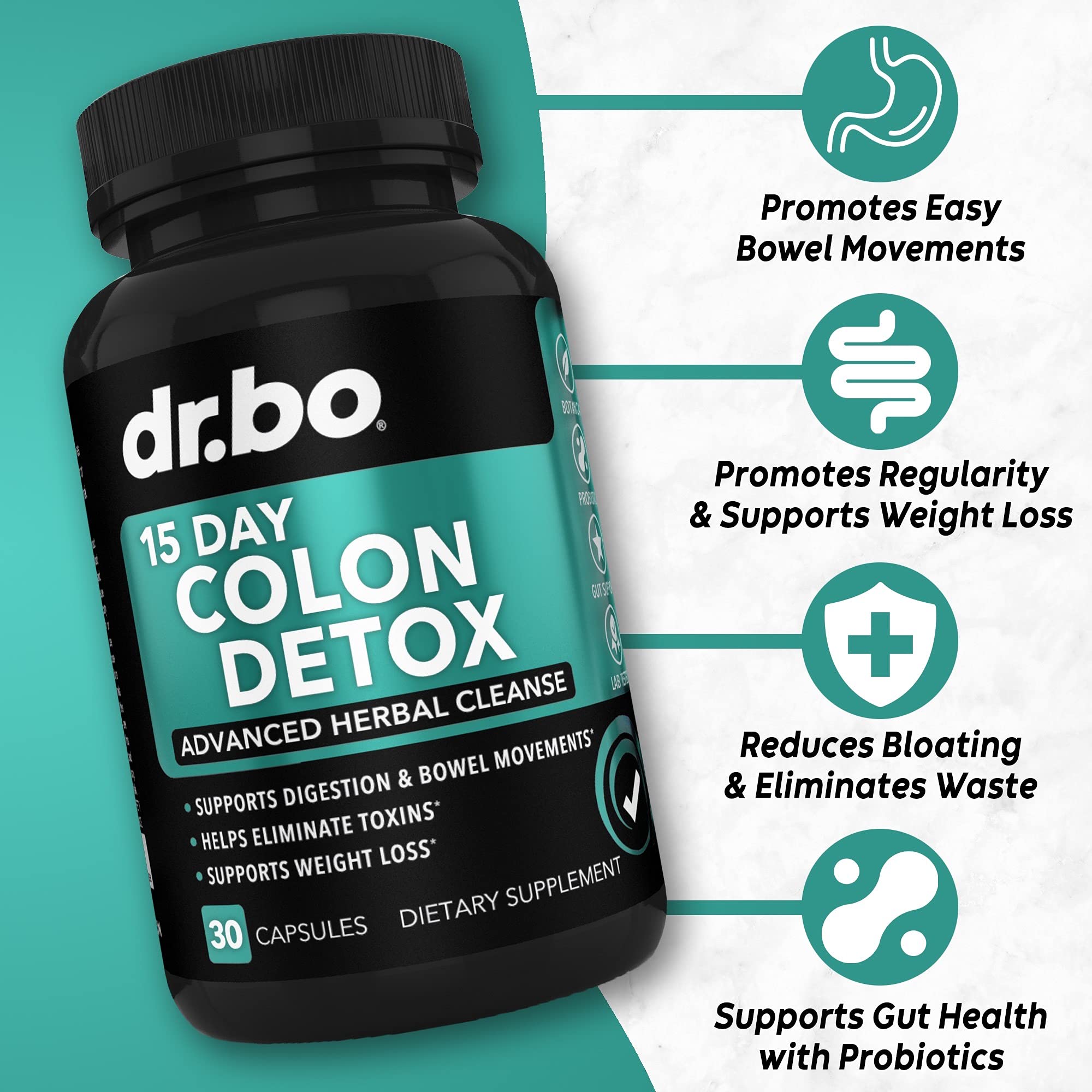 DR. BO Colon Cleanser probiotic bottle with lactobacillus acidophilus for gut balance.