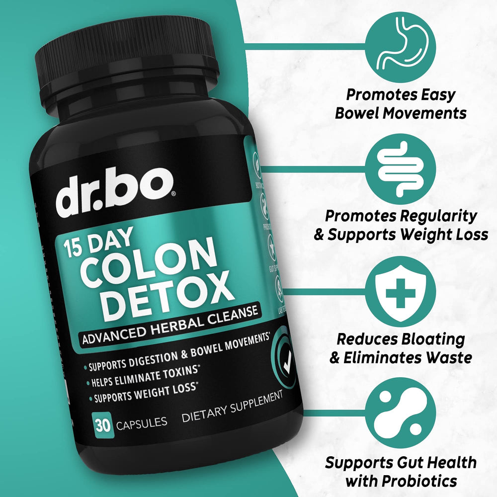 DR. BO Colon Cleanser probiotic bottle with lactobacillus acidophilus for gut balance.