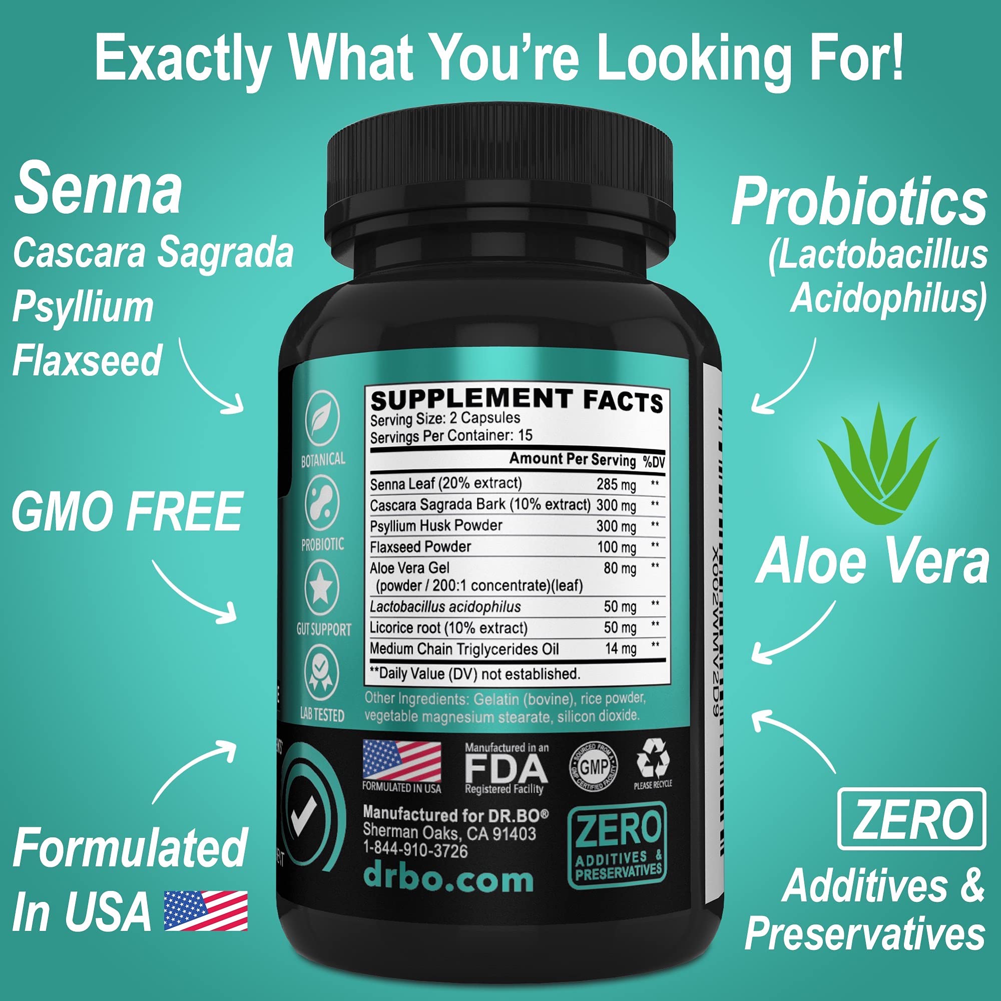 DR. BO Colon Cleanser psyllium husk and flaxseed fibers support regularity.