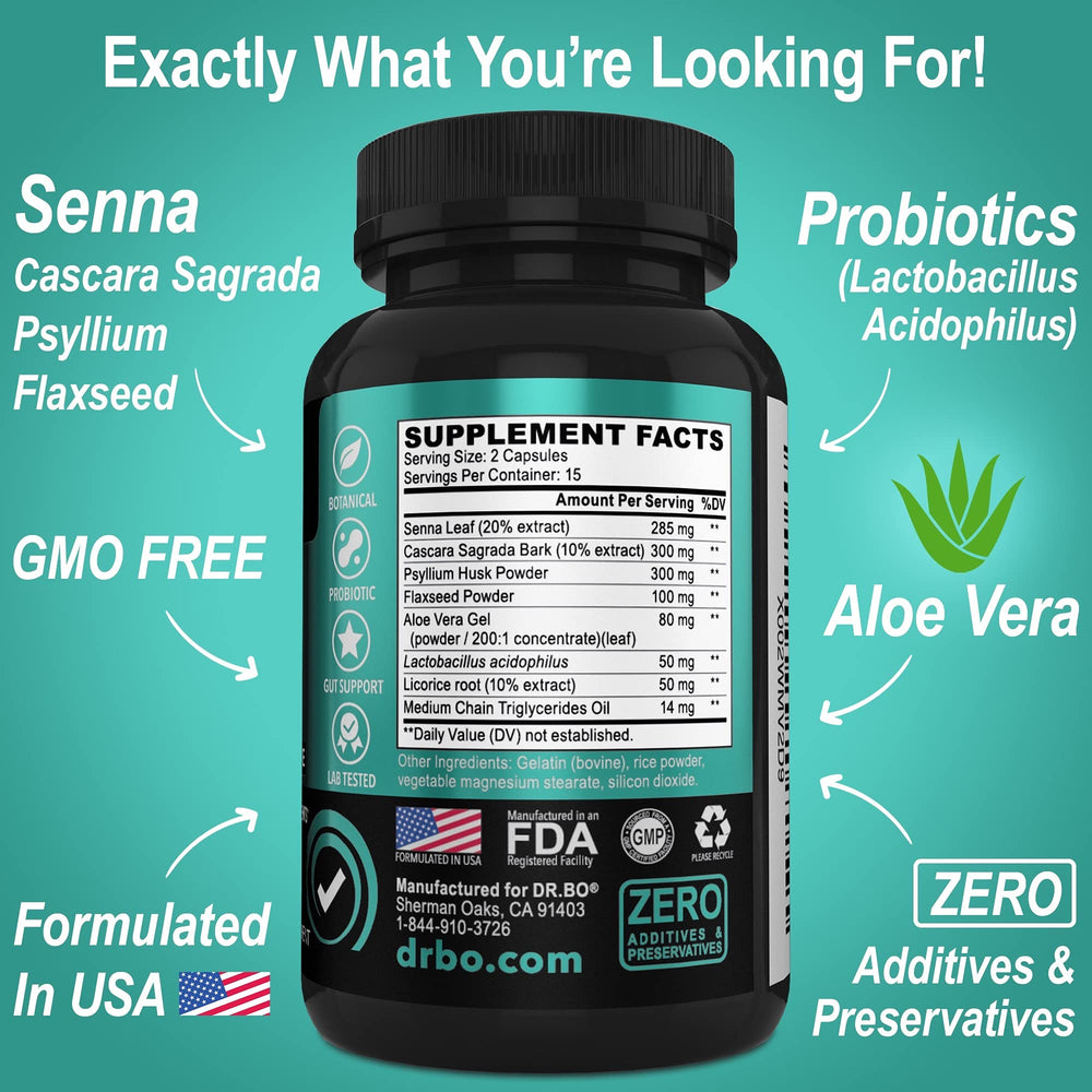 DR. BO Colon Cleanser psyllium husk and flaxseed fibers support regularity.