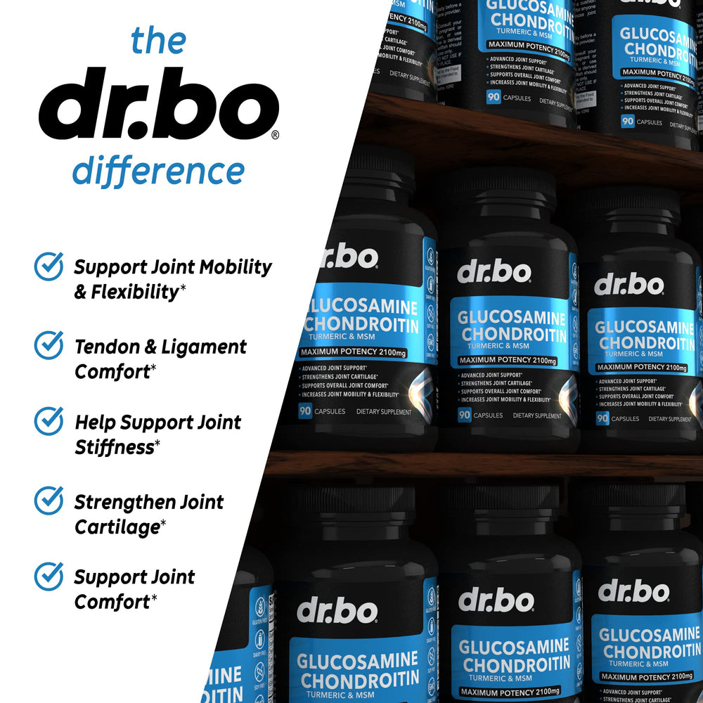 DR. BO bottle beside workout shoes suggesting daily joint support.