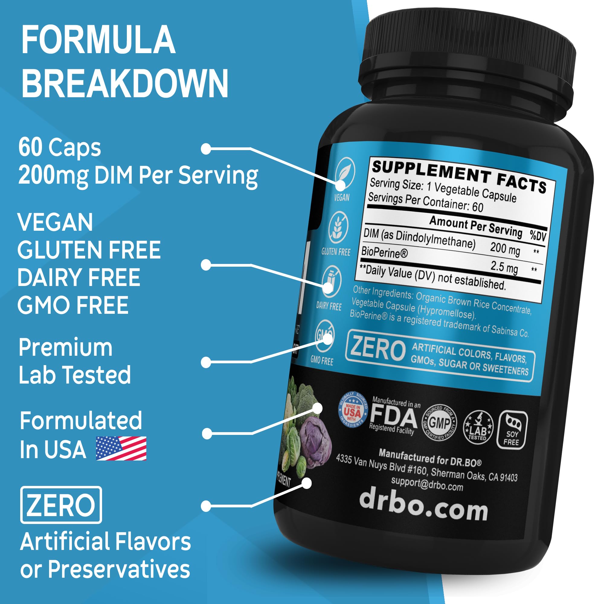 DR. BO DIM 200 mg, BioPerine para posible mejor absorción.