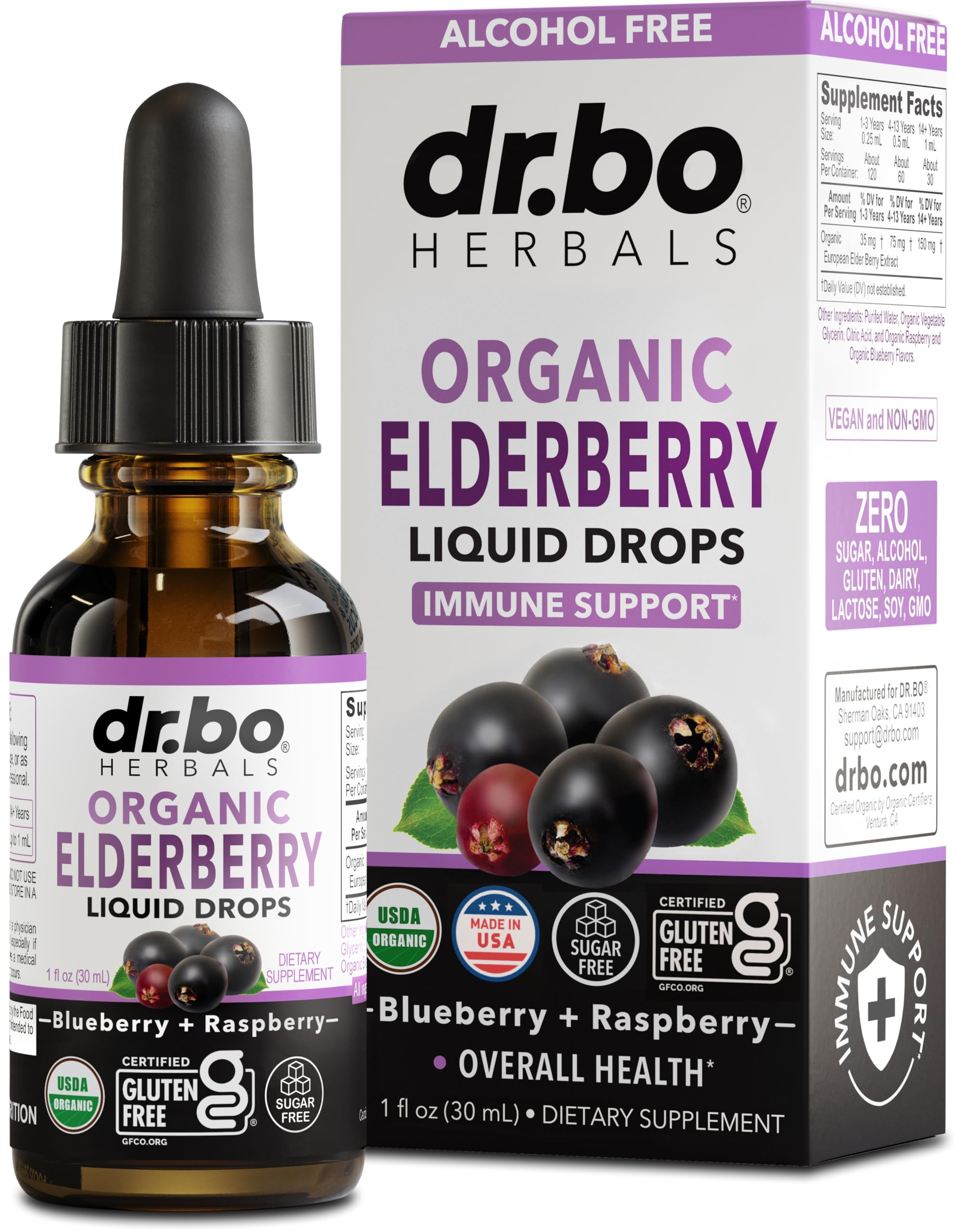 DR. BO Elderberry Drops bottle shown for daily immune support