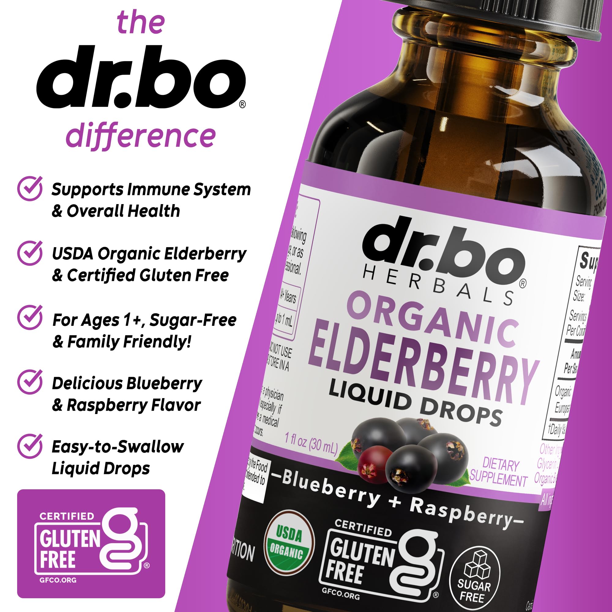 DR. BO Elderberry Drops label highlights USDA Organic quality