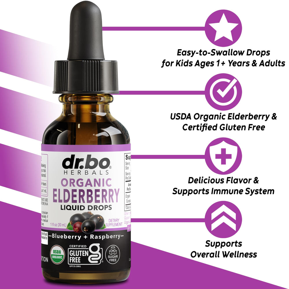 DR. BO Elderberry Drops being poured for easy dosing