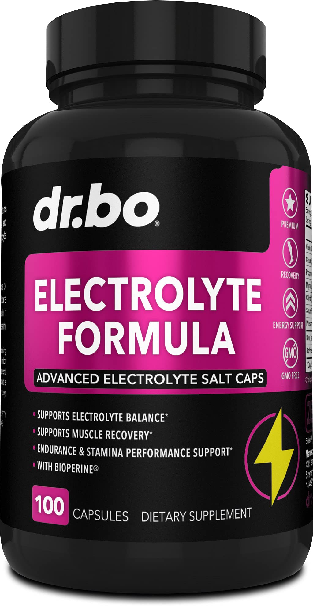 DR. BO electrolyte pills bottle closeup highlighting compact hydration capsules