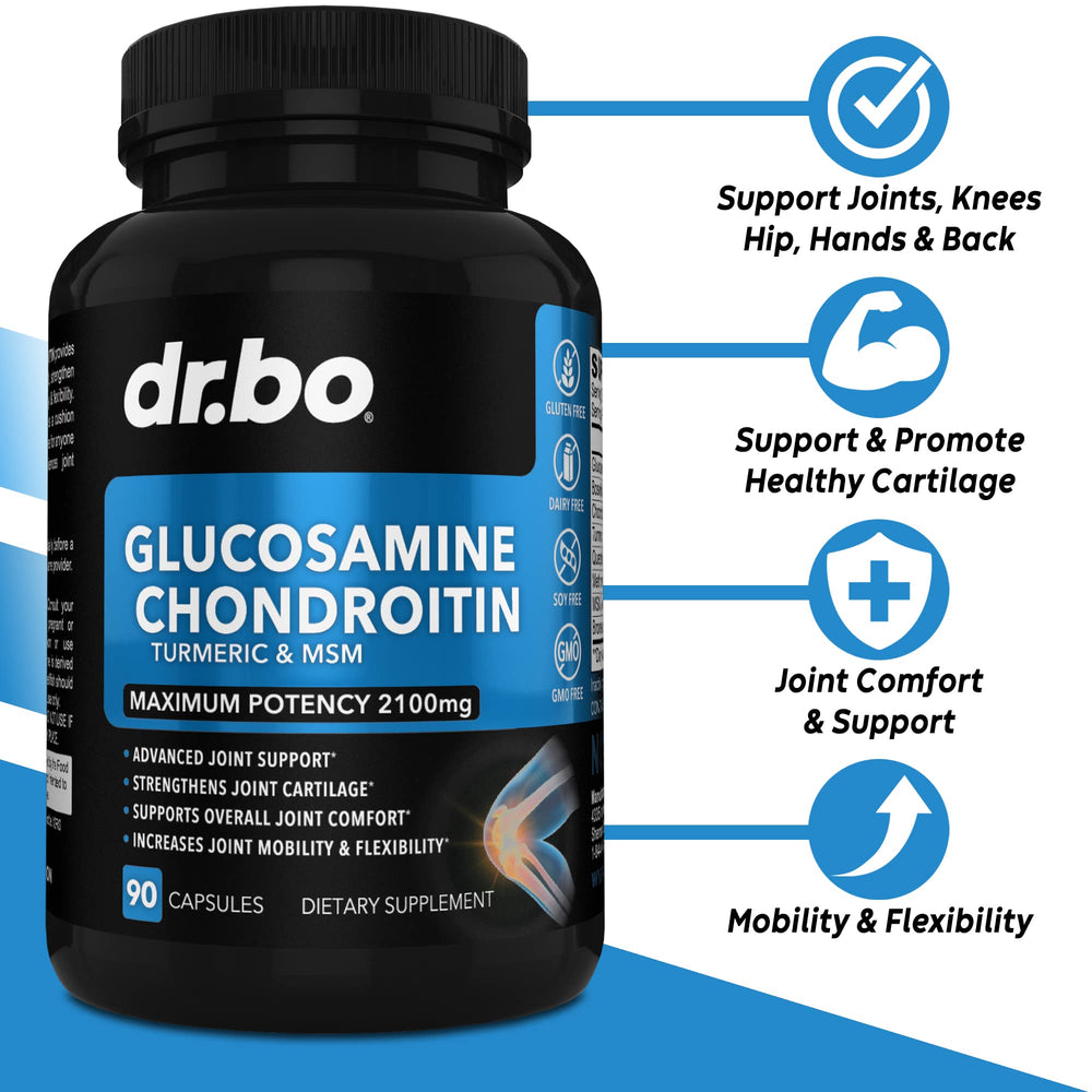 DR. BO glucosamine chondroitin capsules close-up for cartilage support.