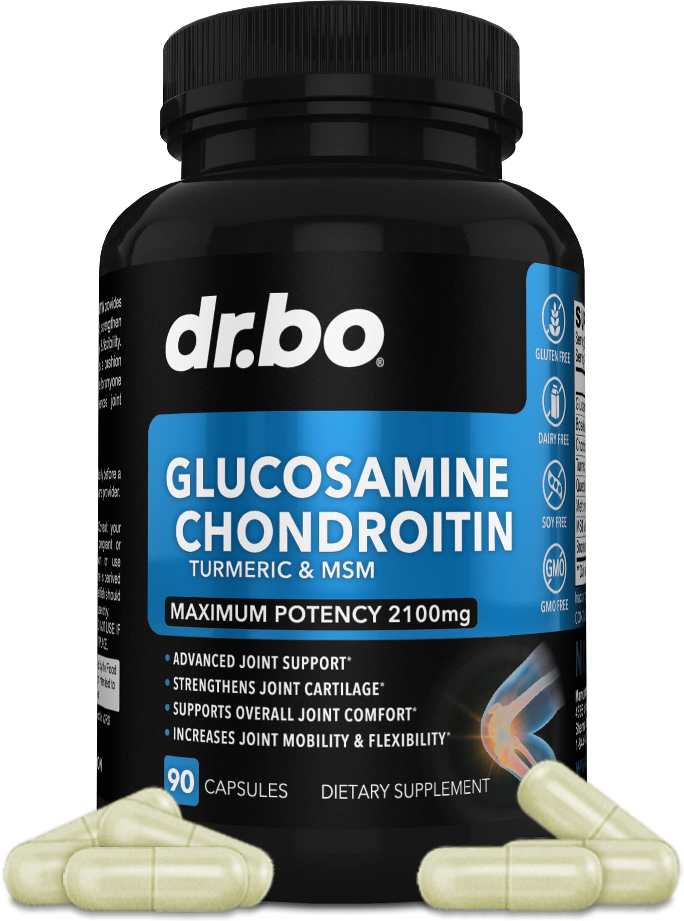 DR. BO glucosamine chondroitin MSM turmeric bottle for daily joint support.