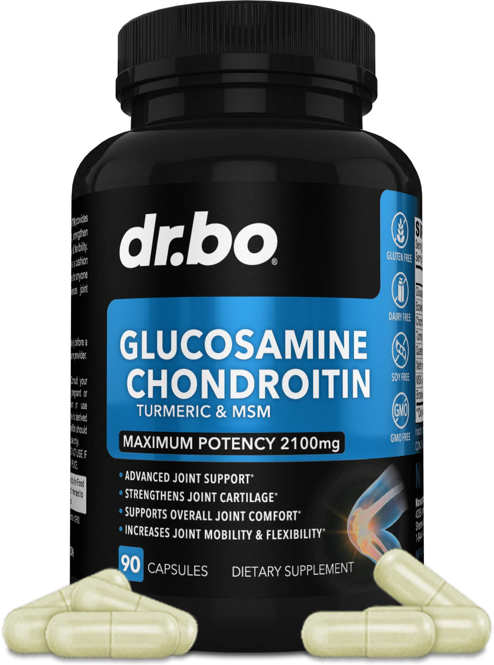 DR. BO glucosamine chondroitin MSM turmeric bottle for daily joint support.