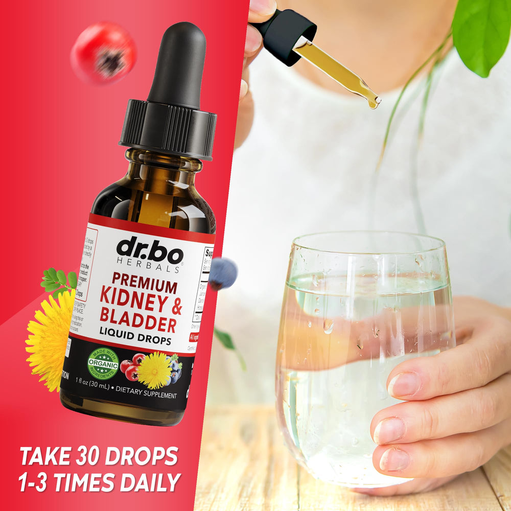 DR. BO hawthorn and dandelion drops offer vibrant herbal mix for renal support.