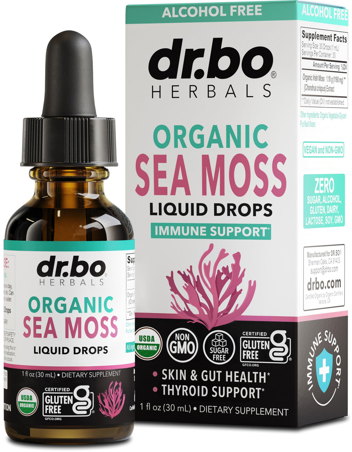 DR. BO Irish Sea Moss Drops bottle showing convenient daily wellness support