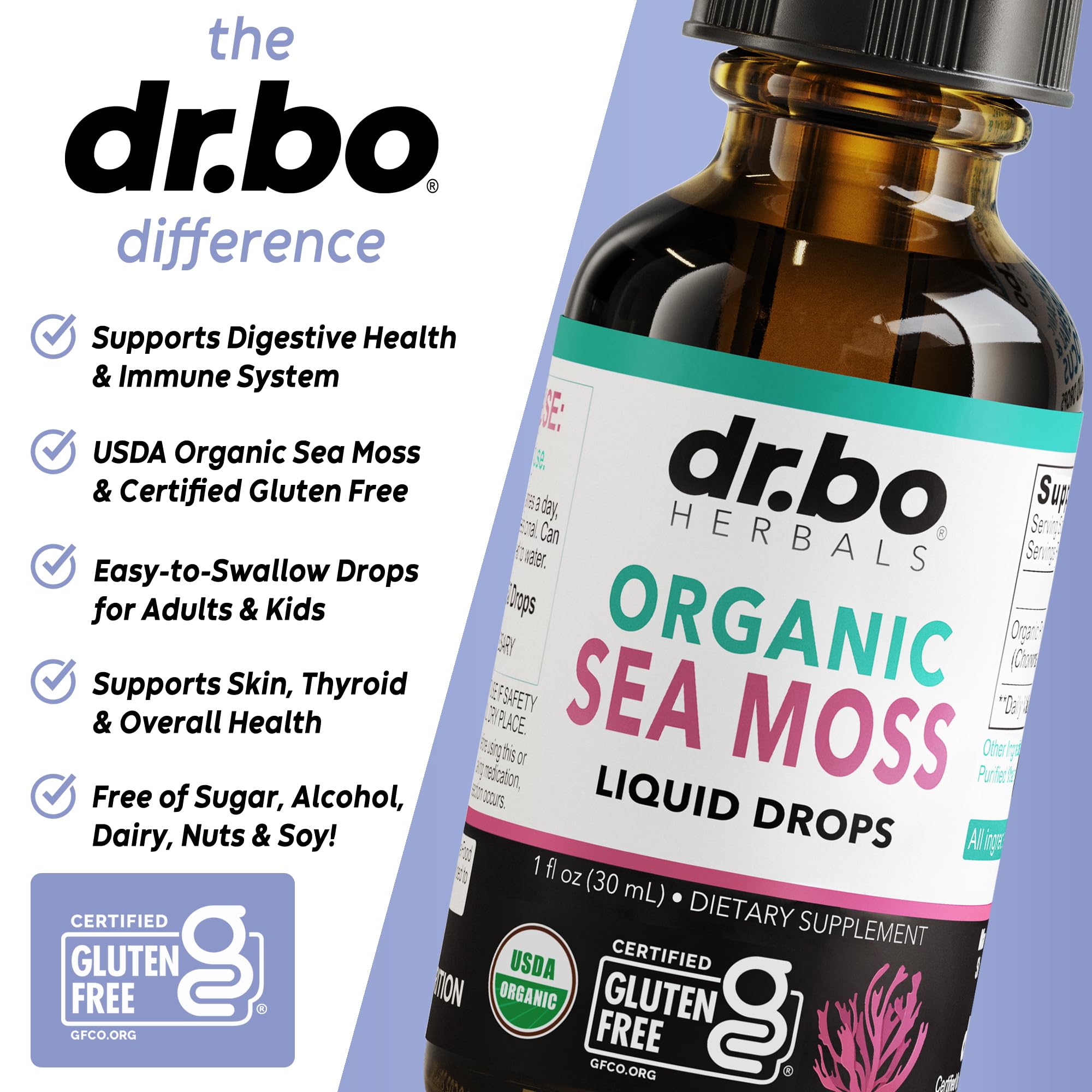 DR. BO Irish Sea Moss Drops glass with liquid ready to mix into drinks