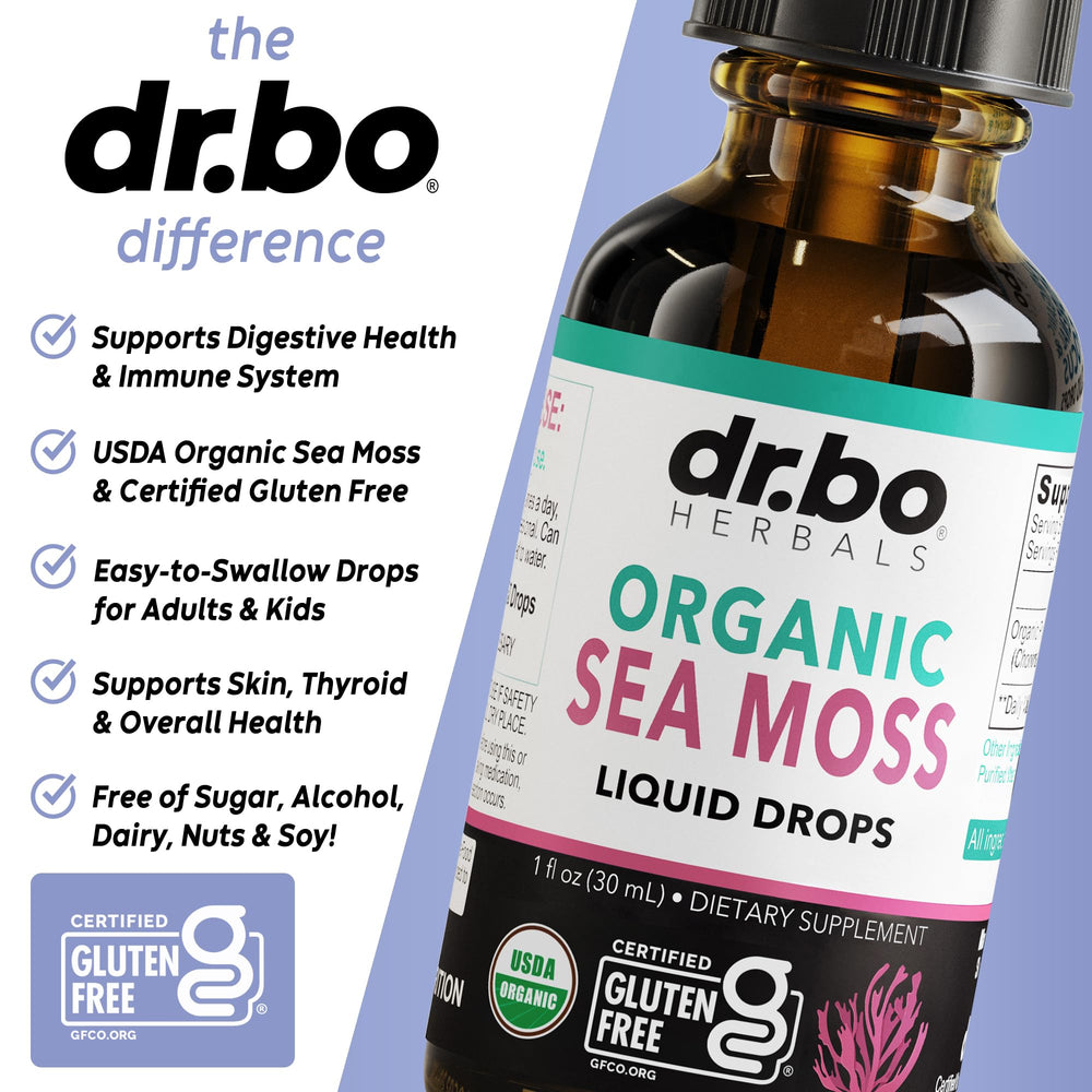 DR. BO Irish Sea Moss Drops glass with liquid ready to mix into drinks