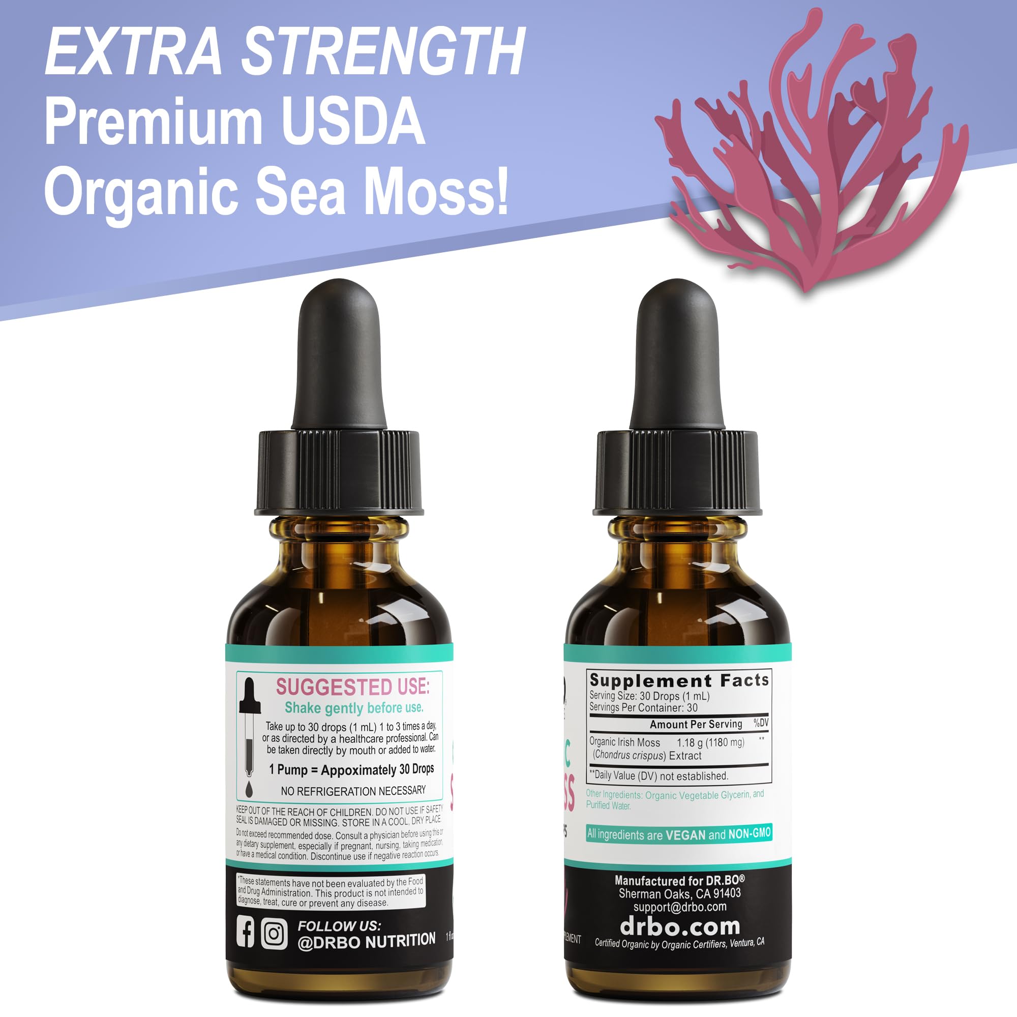 DR. BO Irish Sea Moss Drops packaging emphasizes organic certification and ease