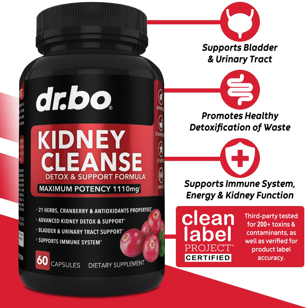 DR. BO Kidney Cleanse bottle pour highlights simple daily capsules for kidney support