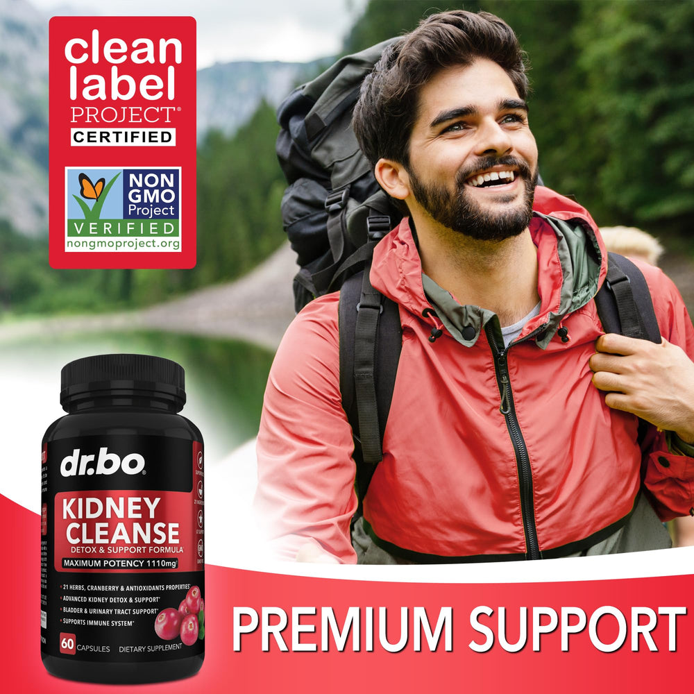 DR. BO Kidney Cleanse ingredient banner lists cranberry, juniper, uva ursi, and more