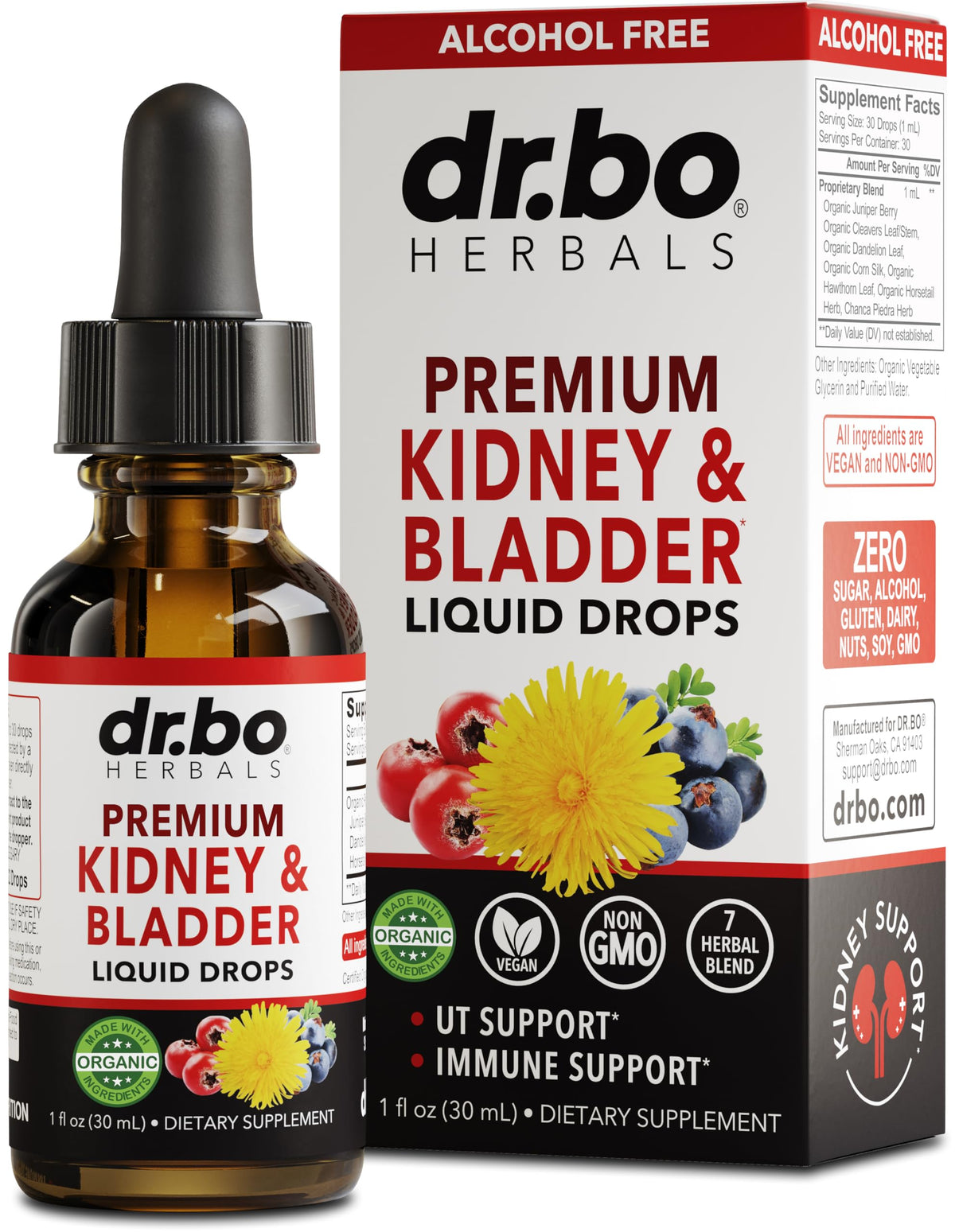 DR. BO kidney support drops bottle for daily urinary system balance.