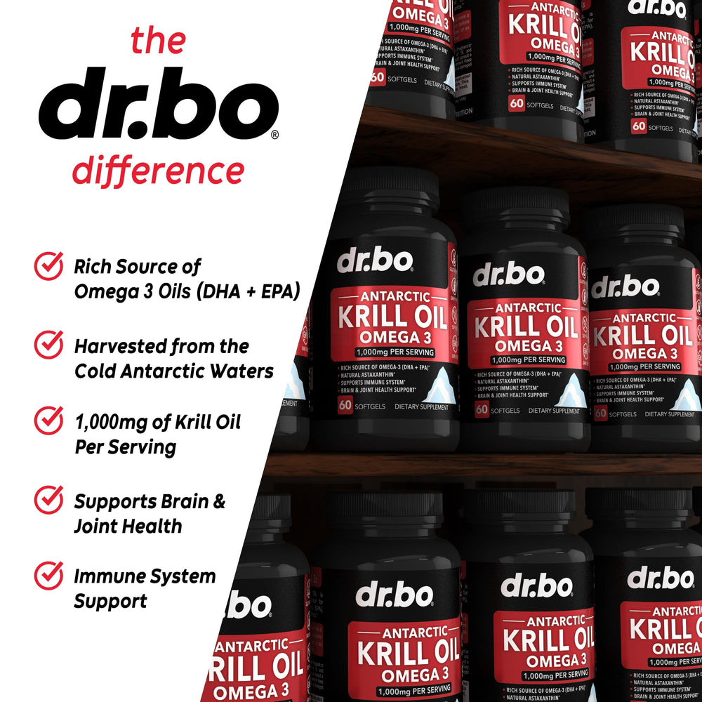 DR. BO Krill Oil pour action image demonstrates mess-free dosing.