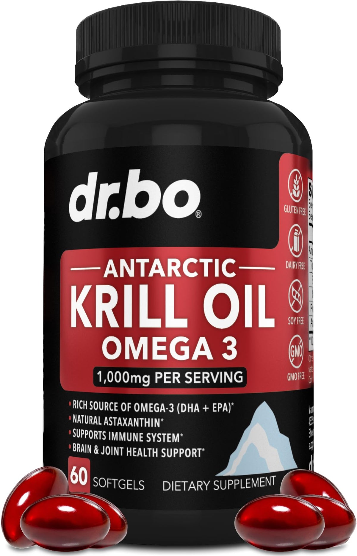 DR. BO Krill Oil Softgels bottle shows convenient omega-3 support for daily wellness.