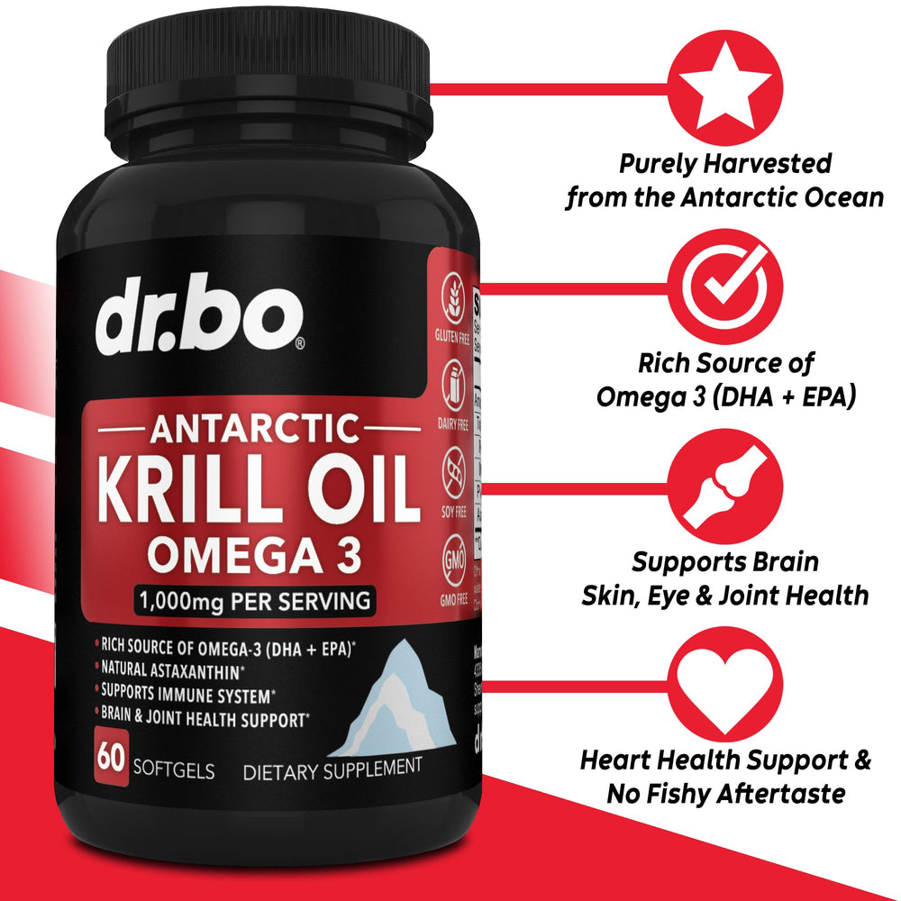 DR. BO Krill Oil Softgels close-up highlights small easy-to-swallow capsules.
