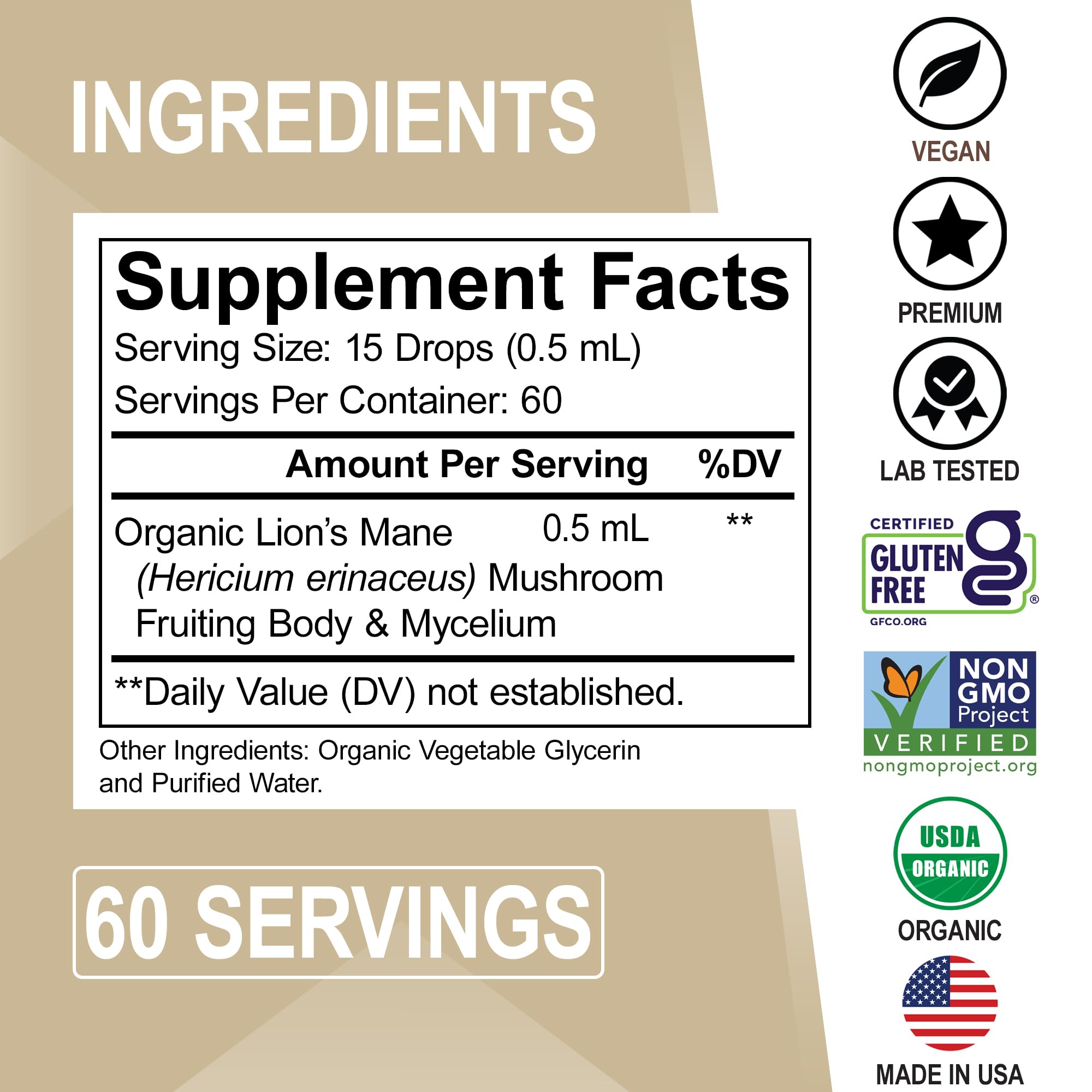 Two-month supply of Lions Mane drops supports consistent daily use.