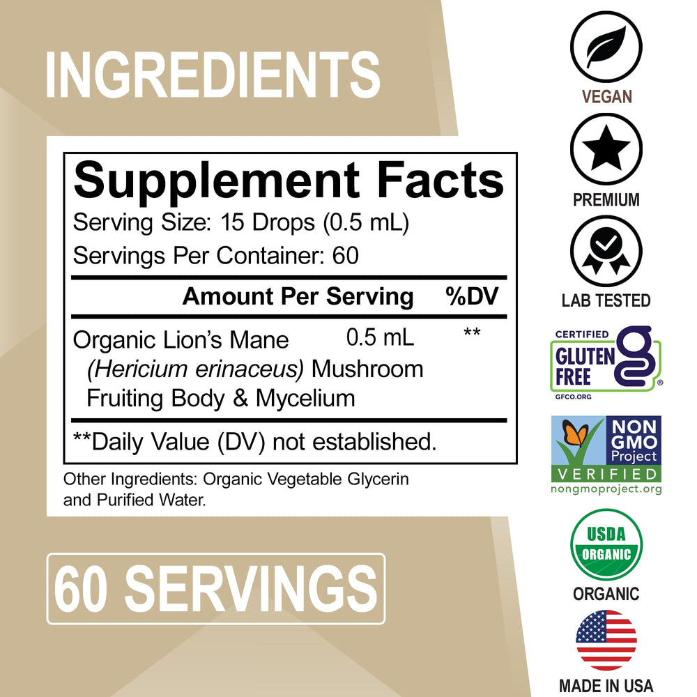 Two-month supply of Lions Mane drops supports consistent daily use.