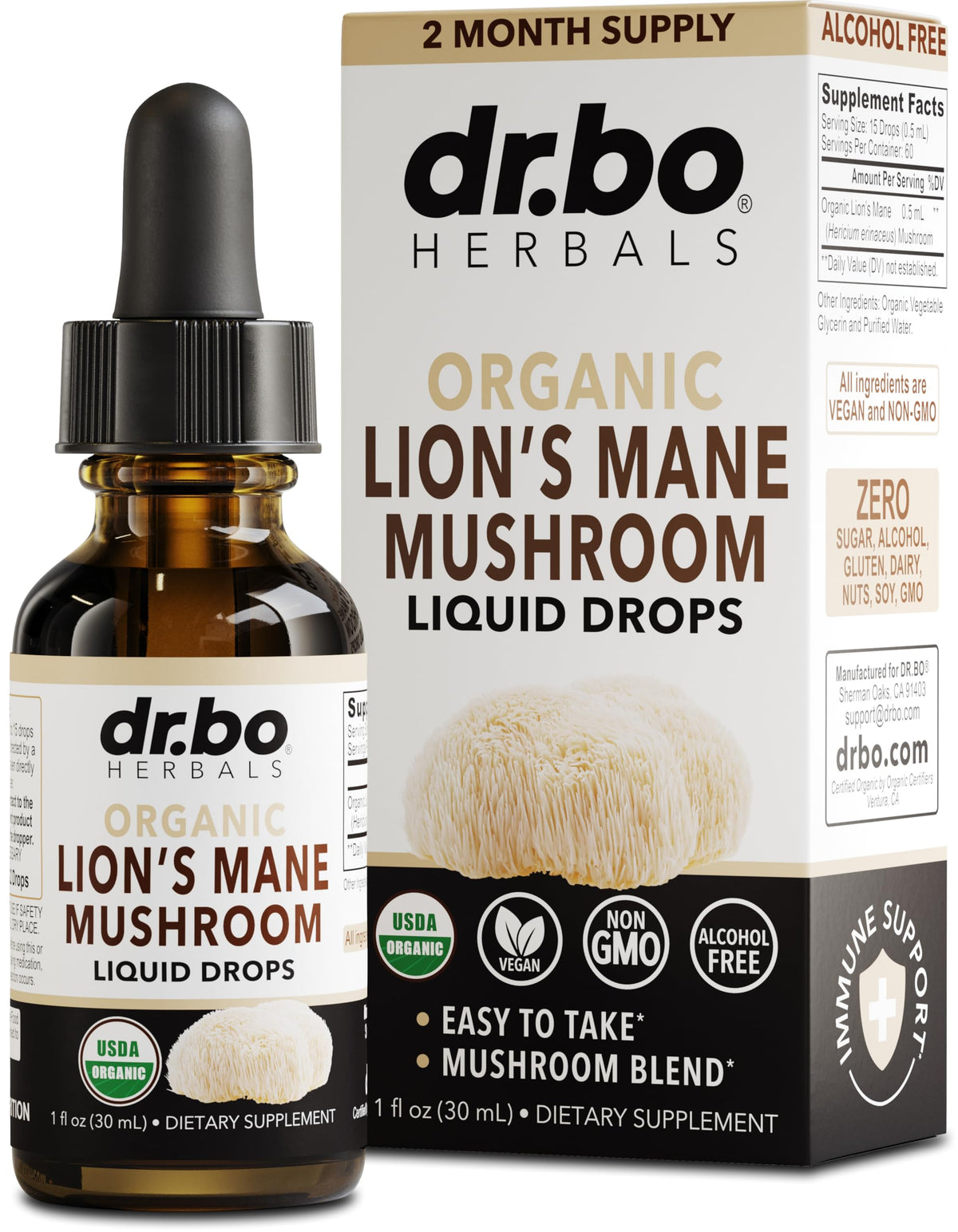 DR. BO Lions Mane Drops bottle ready for daily focus and mental clarity.