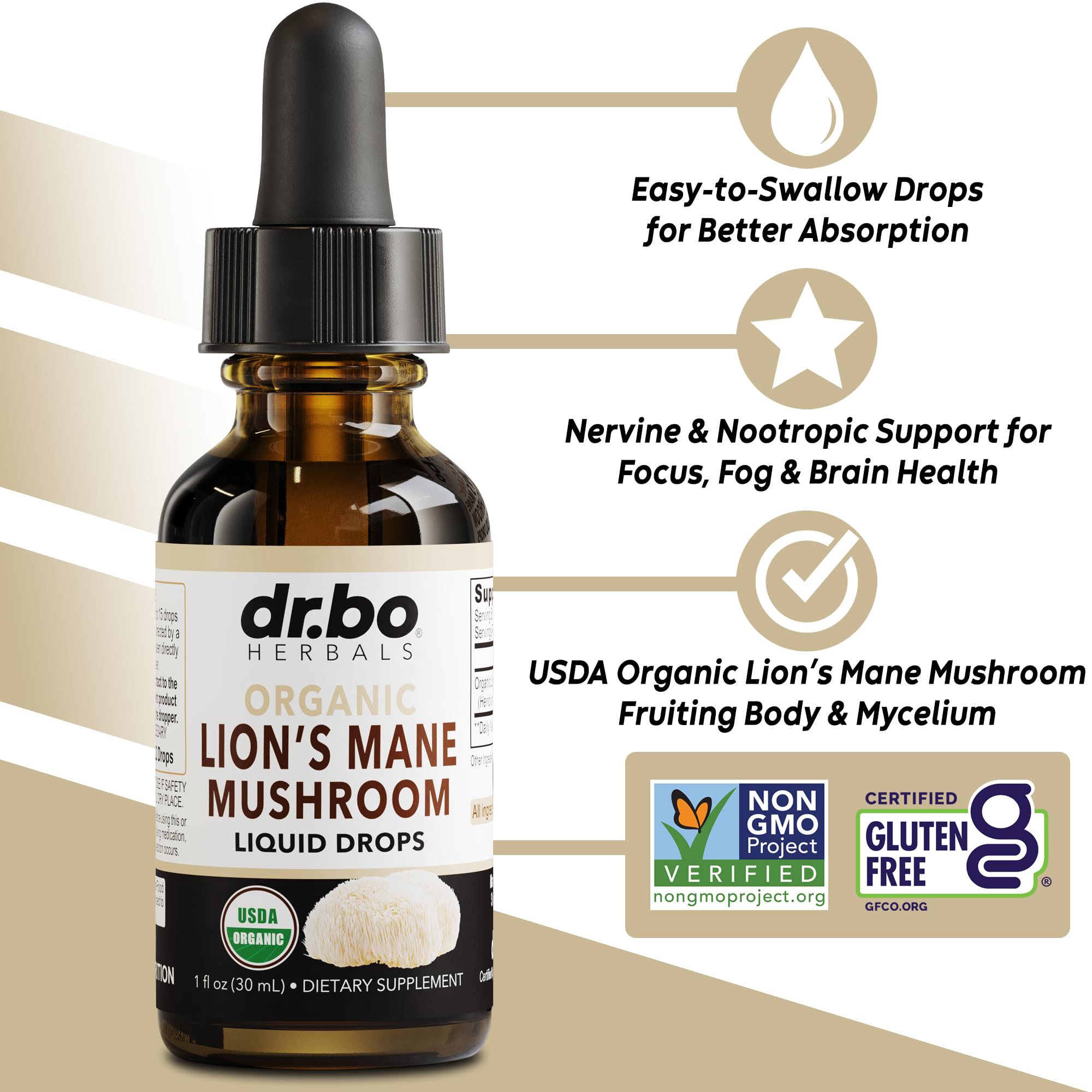 Close-up of the dropper releasing Lions Mane tincture for steady immune and brain support.