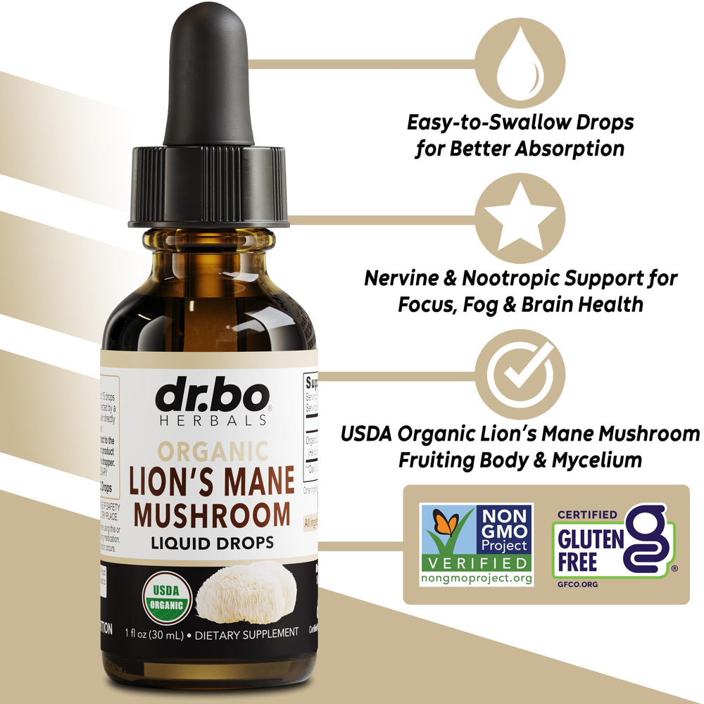 Close-up of the dropper releasing Lions Mane tincture for steady immune and brain support.