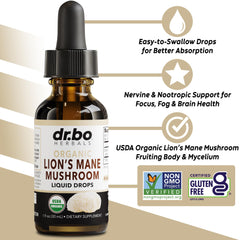 Close-up of the dropper releasing Lions Mane tincture for steady immune and brain support.