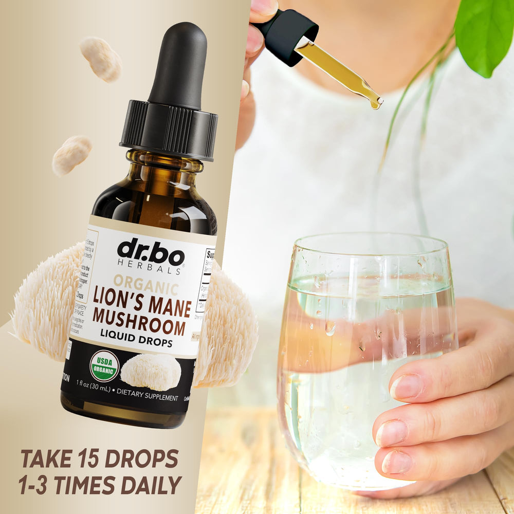 Vegan, organic Lions Mane drops ready to mix into drinks.