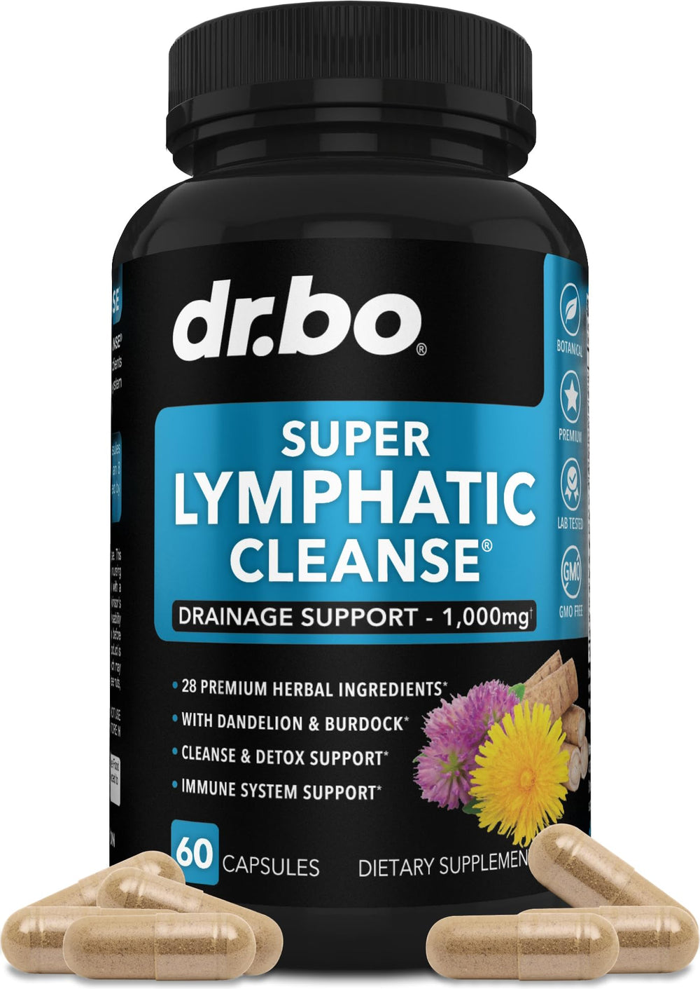 DR. BO Lymphatic Drainage bottle close-up highlighting herbal blend for daily support.