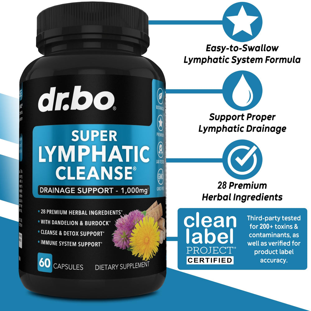 DR. BO Lymphatic Capsules pile shows easy-to-swallow daily tablets.