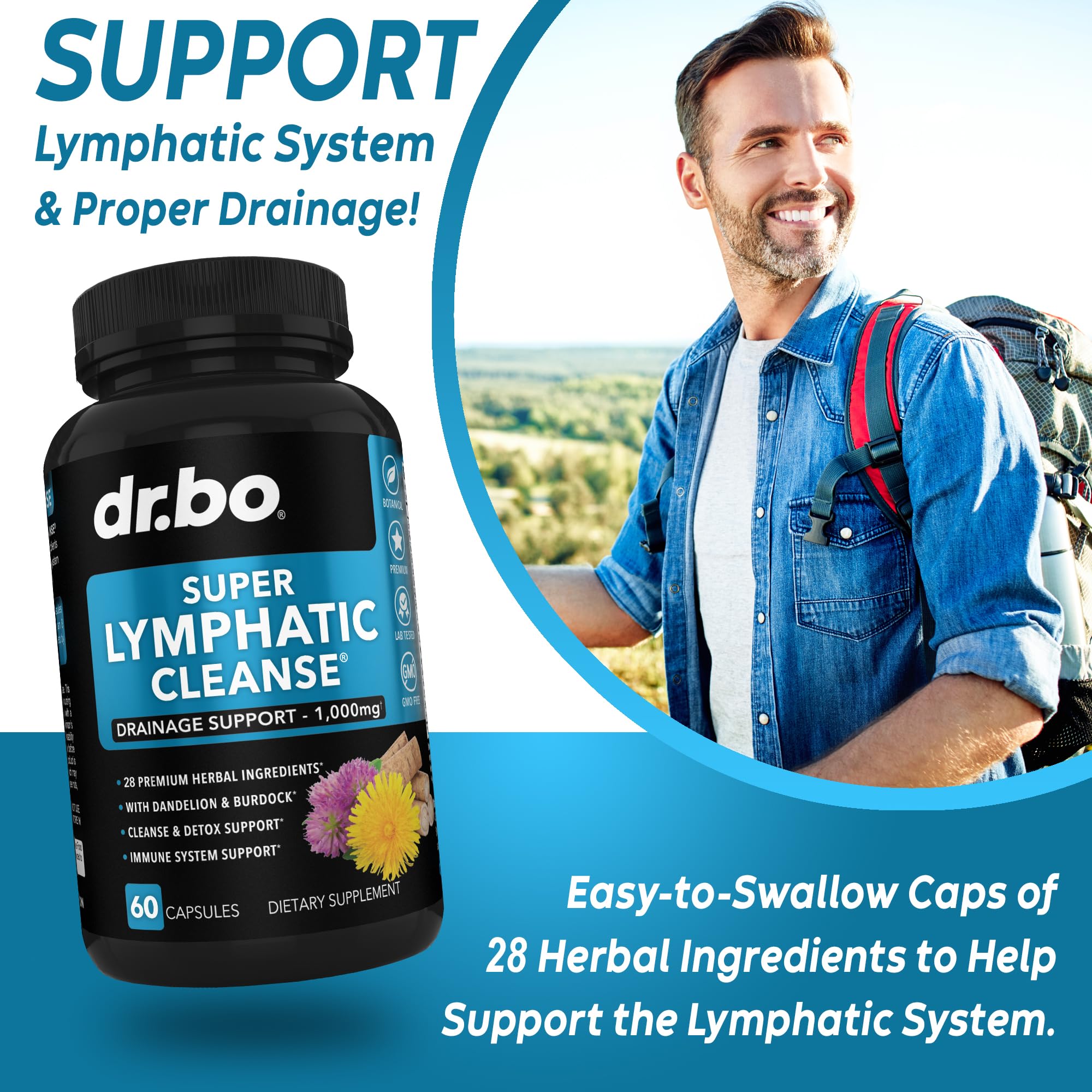 DR. BO Lymphatic herbs blend highlights 28-herb formula for natural support.