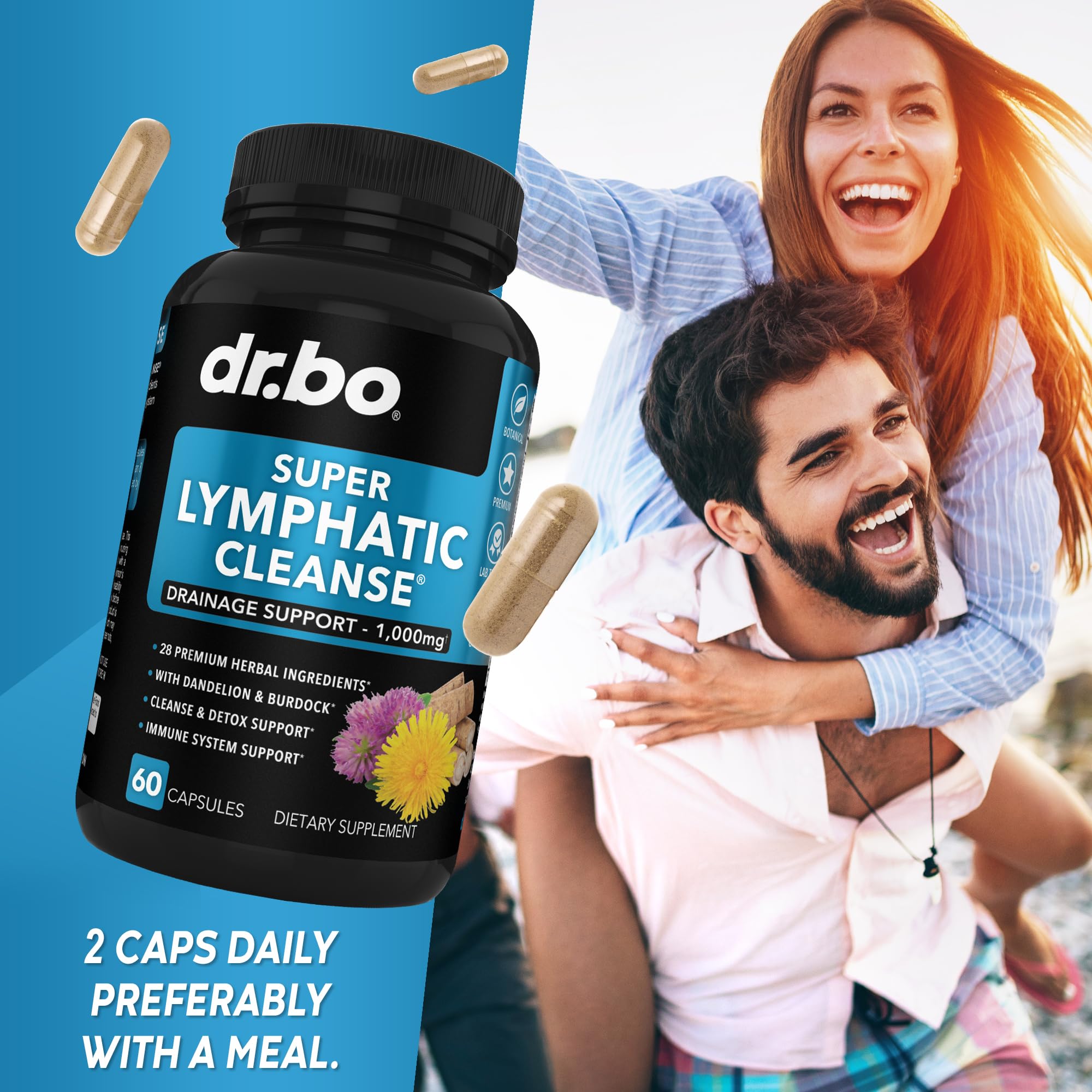 DR. BO Lymphatic herbs collection highlights ginger, dandelion, echinacea.